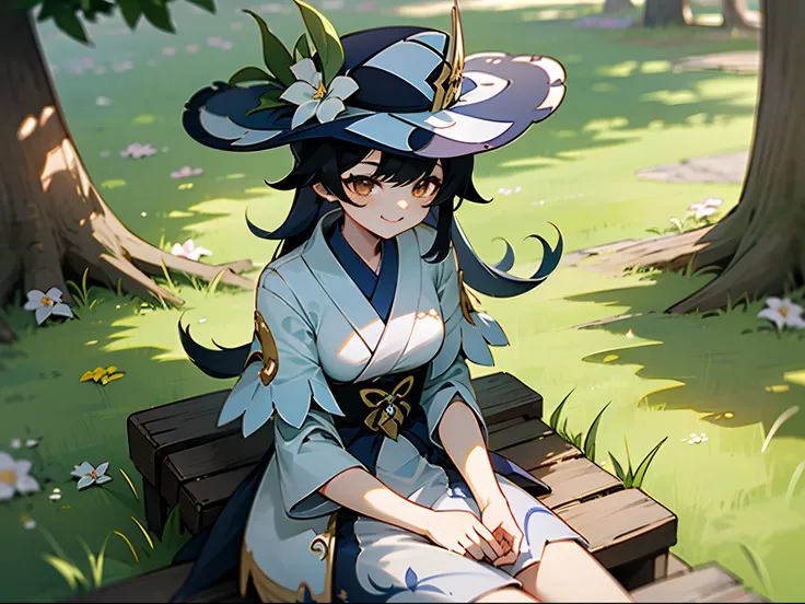 ((Best Quality, 8K, Masterpiece: 1.3)), ((Genshin Impact)), ((Kokomi)), Kokomi wearing Summer outfit, wearing a hat, smiling, sitting in grass