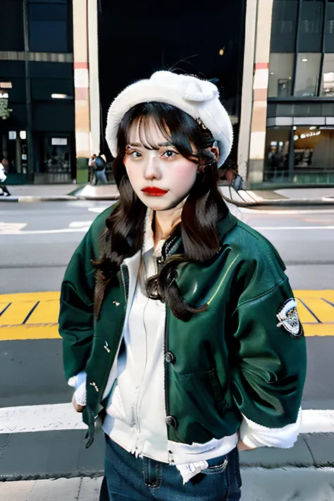 Teenager in hip-hop hat on the streets of America，There were three girls wearing white hats，Wearing blue clothes，Two boys, one black and one white，Wear a green coat