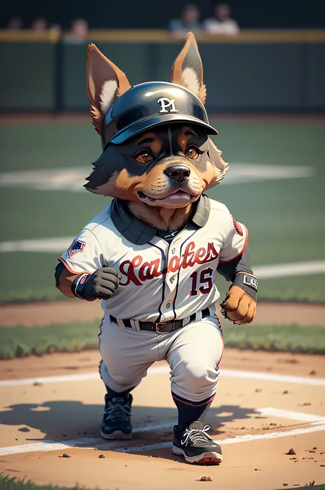 C4tt4stic, Cartoon Doberman dog of baseball player hitting in baseball uniform（The specifics of the appearance of Doberman dogs）