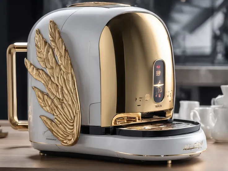 Ivory gold artificial intelligence coffee machine rice cooker with angel wings，mistic，Strong awareness of science and technology，The details of the device are clear and complete，The composition is detailed，