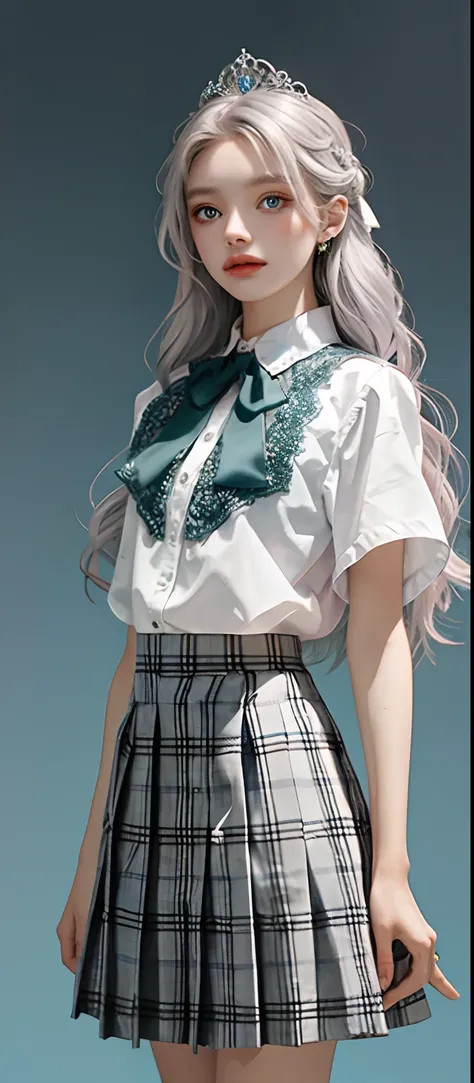 1girl, (masterpiece:1.1), (best quality:1.1), (white blouse:1.1), (checkered skirt:1.1), school uniform, high-waist skirt, BREAK [blue:pink:0.5] theme, (gradient background:1.1), cowboy shot, BREAK silver hair, long hair, , green eyes, intricate detailed t...