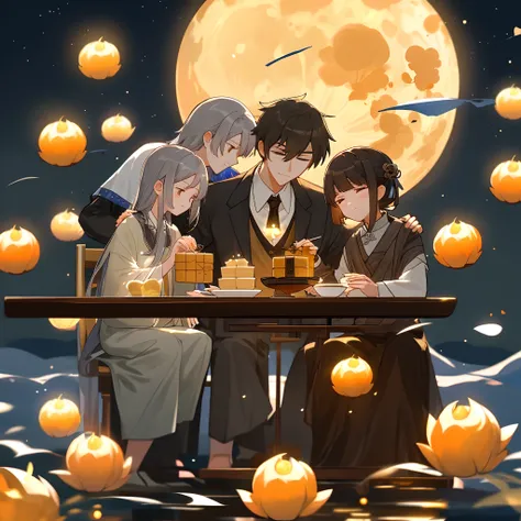 Mid-Autumn Night，The moon is bright as a mirror，Sprinkle a silver glow。The family sat around the table，Savor delicious mooncakes，Sharing laughter。The osmanthus flowers outside the window are fragrant，Mingle with moonlight，It forms a warm and harmonious pic...