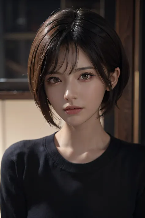 (masterpiece:1.3), (8k, photorealistic, RAW photo, best quality: 1.4), (1girl), beautiful face, (realistic face), (black hair, short hair:1.3), beautiful hairstyle, realistic eyes, beautiful detailed eyes, (realistic skin), beautiful skin, (sweater), absur...