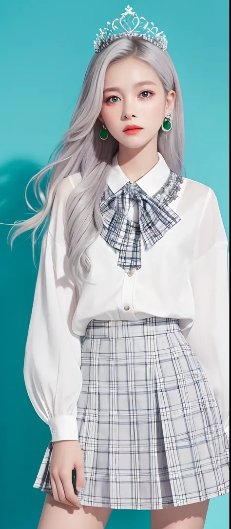 1girl, (masterpiece:1.1), (best quality:1.1), (white blouse:1.1), (checkered skirt:1.1), school uniform, high-waist skirt, BREAK [blue:pink:0.5] theme, (gradient background:1.1), cowboy shot, BREAK silver hair, long hair, , green eyes, intricate detailed t...