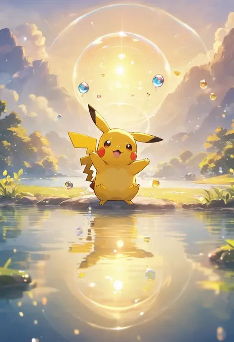 Ultra HD 3D graphics，Showcasing the touching scene of Pikachu making a wish by a tranquil lake. Pikachu, Beautiful rendering details, See gently blowing bubbles into the air, Everyone has hopeful wishes. Bubbles capture the reflection of the setting sun, C...