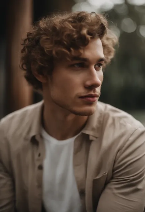 Portrait of young man, 24 y.o. , calm , realistic, model, blond brown curly hair