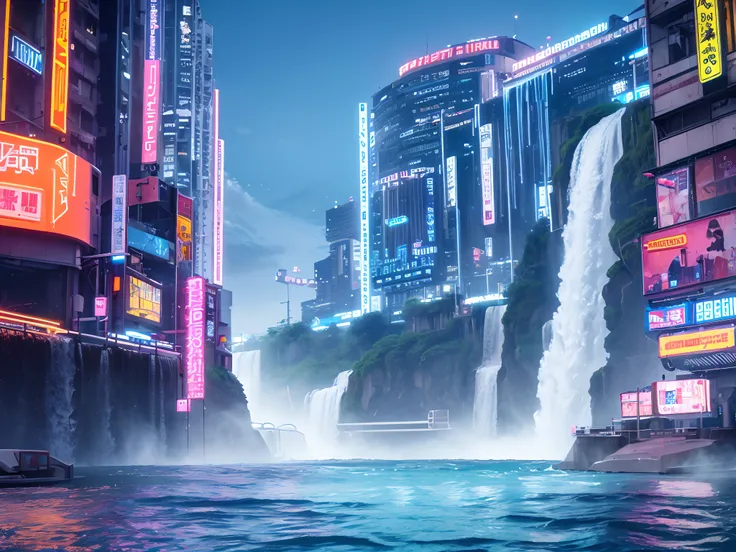 The great Waterfall in the Center cyberpunk city, beautiful landscape, hi-tech city, neon poster on the building, beauty river