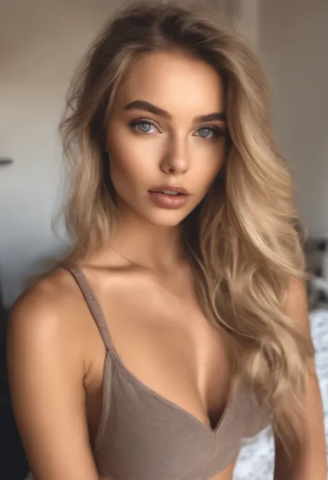 woman with matching tank top and panties, fille sexy aux yeux bleus, Portrait Sophie Mudd, Portrait de Corinna Kopf, cheveux blonds et grands yeux, selfie of a young woman, ohne Maquillage, maquillage naturel, Look directly into the camera, Visage avec Art...