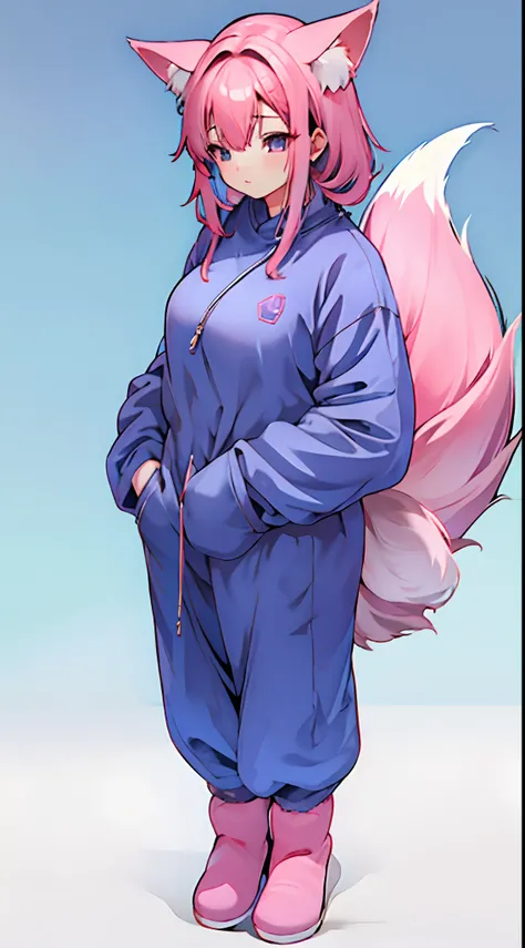 girl fox，fox ear，Blue fox tail，A pink-haired，Blue cheongsam，Long boots，stand posture，Blue frieze ，Full body standing painting，Long legs，enchanted