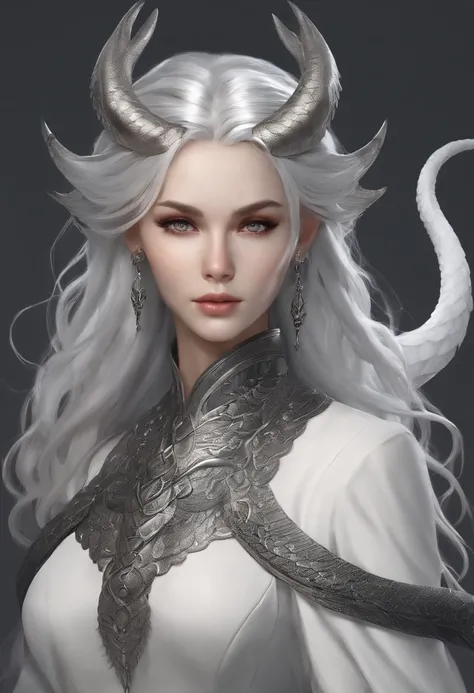 Character design sheet, same character, on front, from on the side, At the back. Young Dragon Girl, Tall stature, Toned physique. Long white hair braided, asymmetrical bangs. gray eyes. Black clothes with scaly patterns. Silver Horns on the head, Long Silv...