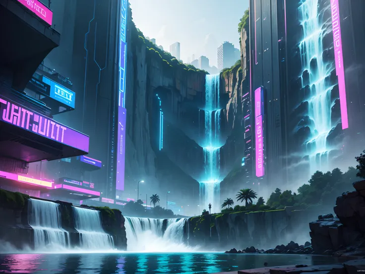 The great Waterfall in the Center cyberpunk city, beautiful landscape, hi-tech city, neon poster on the building, beauty river