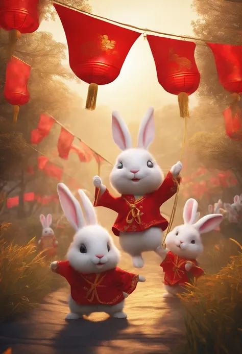 Mid-Autumn Festival rabbits holding red flags