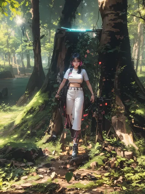 Real face no change cyberpunk cute girl  , background change on forest look 8k regulation