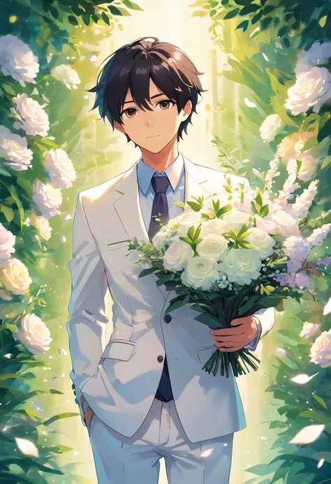 boy, 20 years old, black hair, wearing white suit, luxurious, elegant, holding a bouquet, bouquet of many flowers, colorful, wedding party, details, best quality, frontal