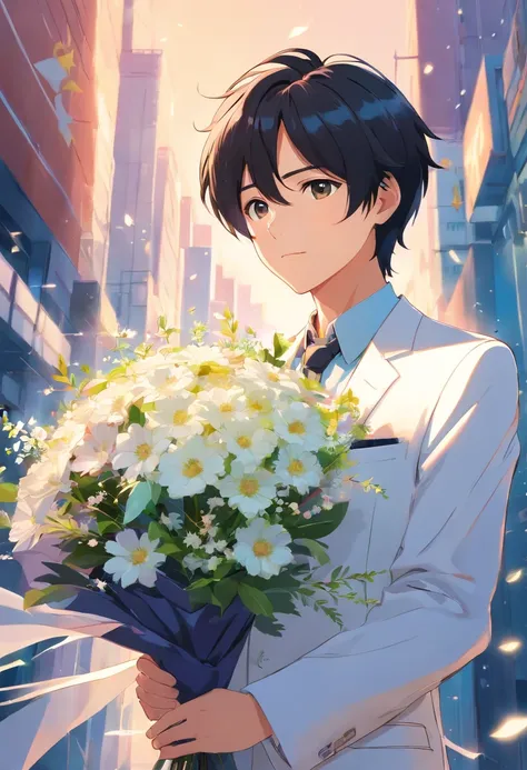 boy, 20 years old, black hair, wearing white suit, luxurious, elegant, holding a bouquet, bouquet of many flowers, colorful, wedding party, details, best quality, frontal