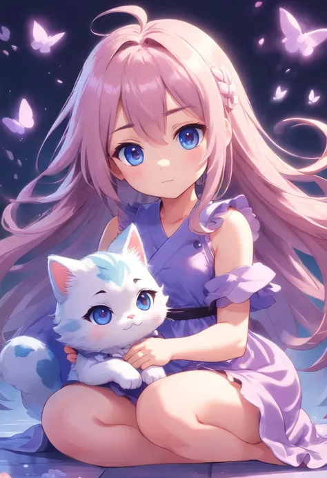 Chibi Chara　Deformed Figure　Little girl　Cute dwarf　Infant body type　Light pink long hair　Big blue eyes are impressive　Lilac fluffy and soft dress　Girl sitting　pretty pose　Holding a black kitten