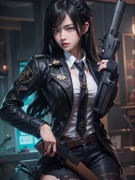 1girl in, Black hair, Long hair, Gun, Blue eyes，full bodyesbian，blackstockings