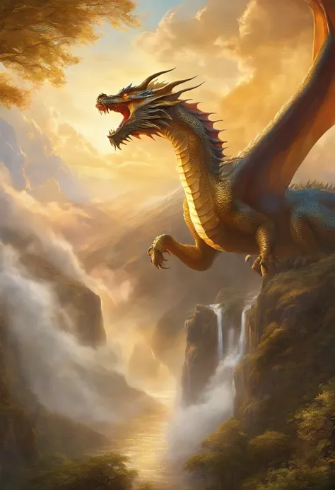 Landscape painting，White rainbow background，A huge dragon is golden in the air