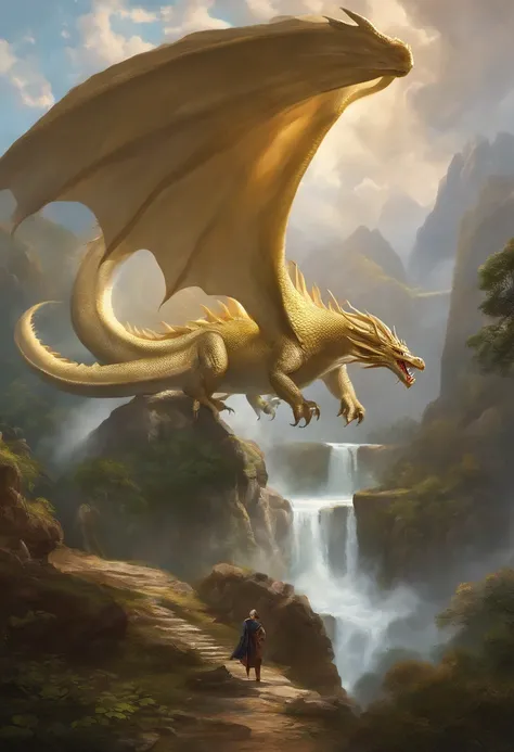 Landscape painting，White rainbow background，A huge dragon is golden in the air