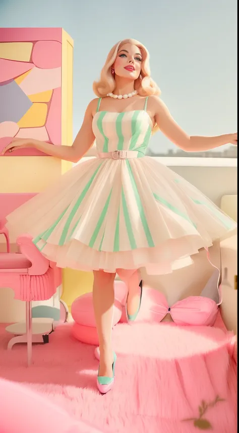 Mulher loira loira em um vestido rosa pulando em uma cama, Estilo anos 50, Estilo 5 0 s, Vibes dos anos 1950, inspirado por Peter Alexander Hay, 5 0 s aesthetic, estilo retro 5 0 s, Girando, inspirado em Bunny Yeager, 1 9 5 0 s estilo, Barbie, boneca Barbi...