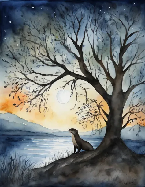 a tree, many branches, night sky, night, [moonlight], silhouette, masterpiece, best quality, ((panoramic view)), close upsilhouette of an otter looking at the camera