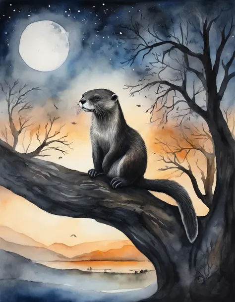 a tree, many branches, night sky, night, [moonlight], silhouette, masterpiece, best quality, ((panoramic view)), close upsilhouette of an otter looking at the camera