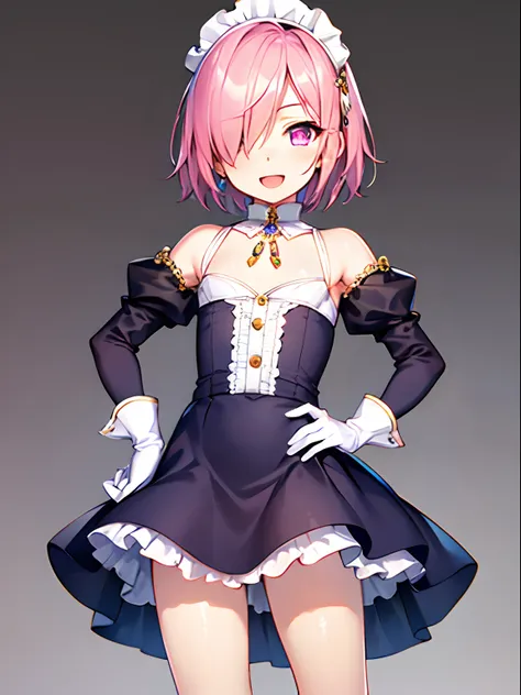 Highly detailed and realistic CG, Colorful , masutepiece, Best Quality, 1boy, solo, otokonoko, tomboy, shota, petite, child, pink hair, shiny hair, short hair, flipped hair, hair over one eye, sidelocks, baby face, powder light, flat chest, pink maid dress...