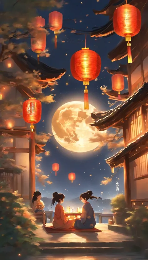 The family sits together, Enjoy a festive dinner, Surrounded by a warm and comfortable atmosphere. The room was beautifully decorated，Equipped with lanterns, Symbolizes the joy of the Mid-Autumn Festival. The table is filled with a variety of delicacies, I...