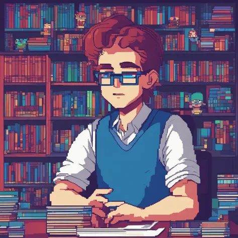 Cute kid working in front of computer，wears glasses，Blue, Red, Pink，Sit in your room，One guy，The room had a lot of books and shelves，There are windows，You can see the stars and moon outside