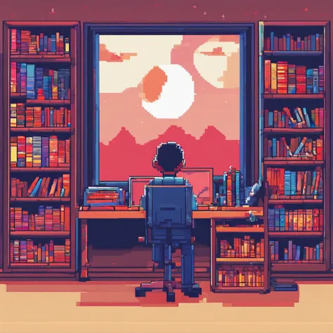 Cute kid working in front of computer，wears glasses，Blue, Red, Pink，Sit in your room，One guy，The room had a lot of books and shelves，There are windows，You can see the stars and moon outside