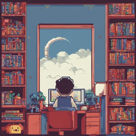 Cute kid working in front of computer，wears glasses，Blue, Red, Pink，Sit in your room，One guy，The room had a lot of books and shelves，There are windows，You can see the stars and moon outside