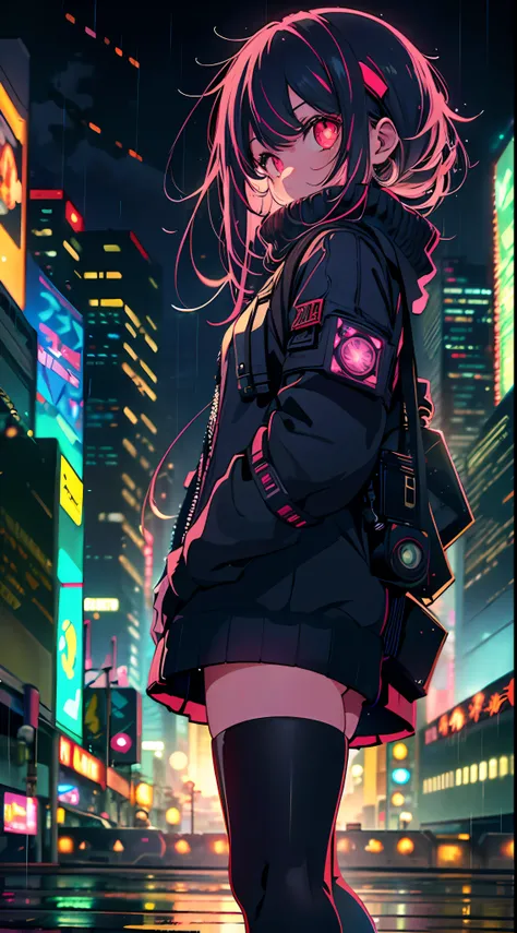 Night, colorful cyberpunk city background, rain, street, teenage girl in cozy sweater, loli, red eyes, glowing eyes, black stockings, backlight, glow, looking at the audience, low angle lens, looking up lens, perfect composition, perfect light and shadow d...