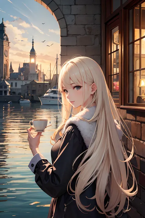 ​masterpiece、top-quality、High-quality images、hight resolution、8K、1womanl、Platinum Blonde Long Hair、tea shop、Brick making、Nearby Harbour、Luxury liner、evening glow