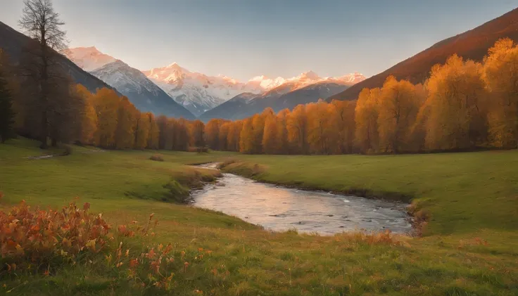 Generate an autumnal landscape of a sunset with the sun in the mountains with a green meadow, Snow-capped mountains in the background, arboles frondosos de distinta clase y flores de colores rojo, green and blue and a river that crosses the middle and has ...