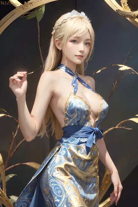 ((top-quality、8K、masterpiece:1.3)), (Longhaire, Beautiful hairstyle, Platinum Blonde Hair:1.5)、(gold foil, Intricately drawn paisley pattern, Delicate workmanship, Blue and white fabric:1.4, maid dress:1.5), Clear, Fine-grained skin、Beautiful clear eyes、c...