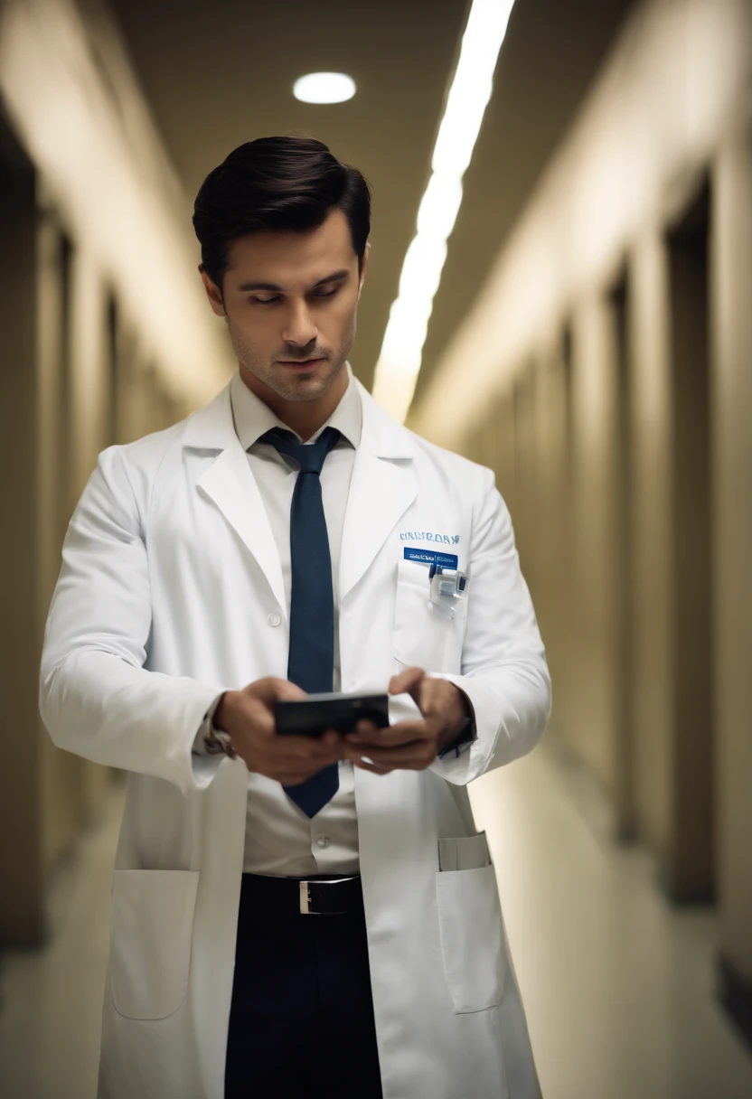 ccurateblack hair，Handsome face， White suit， Holding a pulse reader in his hand，The background is the hospital corridor of the future。Male doctor。 The eyes are firm。