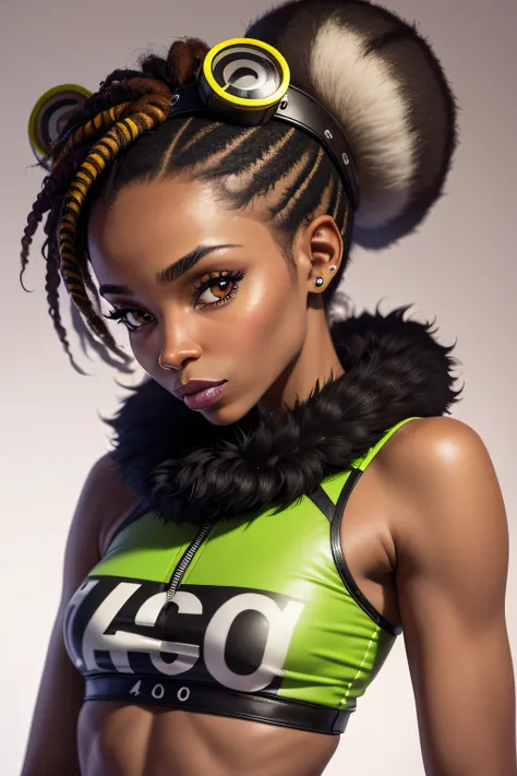 Groovy Jamaican 40 year old female raccoon face and ears, with human body, 3/4 profile portrait woman from Jamaica, modern fashionable style. crazy wild 2023 accessories. etc. blurry roller girl background