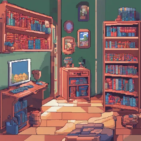 Cute kids working in front of computer，wears glasses，Blue, Red, Pink，Sit in your room，One guy，Lots of books and bookshelves in the room，There are windows，You can see the dusk sunset outside，The childs face can be seen from a side perspective