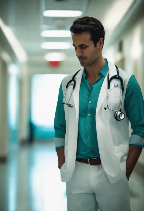 ccurateblack hair，Handsome face， White suit， Pulse meter in hand，The background is the hospital corridor of the future。Male doctor。 Look firmly ahead。