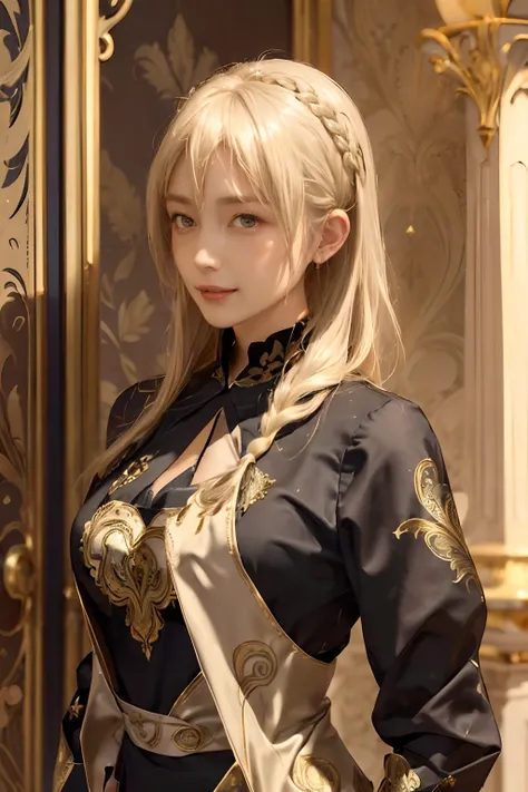 ((top-quality、8K、​masterpiece:1.3)), (Longhaire, Beautiful hairstyle, Platinum Blonde Hair:1.5)、(gold foil, Intricately drawn paisley pattern, Delicate workmanship, Black fabric:1.4, maid dress:1.5), Clear, Fine-grained skin、Beautiful clear eyes、cleavage o...