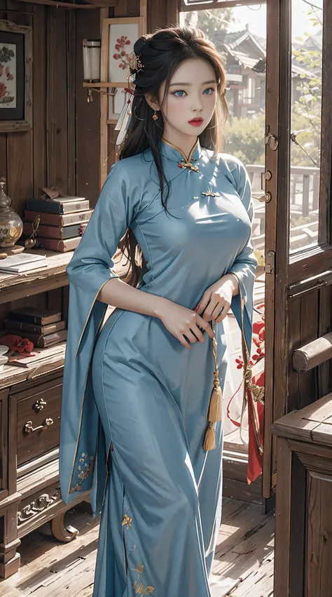 photorealistic, high resolution, soft lights, 1women, solo, hips up, (blue eyes, long hair), vietnamese traditional, red aodai,