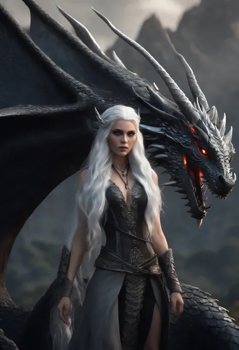 Young Dragon Girl, Tall stature, Toned physique, in full height. Long white hair braided, asymmetrical bangs. gray eyes. Black clothes with scaly patterns. Silver Horns on the head, Long Silver Dragon Tail. Silvery scales on the face. A silver fire burns a...