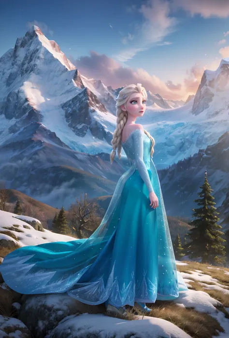 elsa of arendelle, with her back to the picture，In front of you stands a snow-capped mountain，frozzen