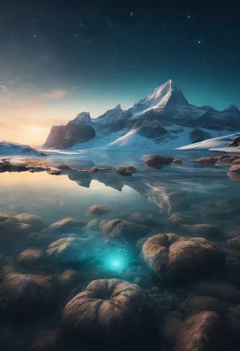 partial underwater shot, zoom layer, Atmospheric perspective, in a panoramic view, Lens flare, Sony FE GM, Ultra-wide angle, Masterpiece, Anatomically correct, Super detail, High quality, High details,Background: Magnificent snow-capped mountains under the...