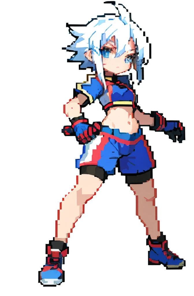 masterpiece, top quality, best quality), pixel,pixel art, 1 girl, goalkeeper girl, yugioh, fullbody, no background, white hair, child, soccer girl, gloves, protagonist,