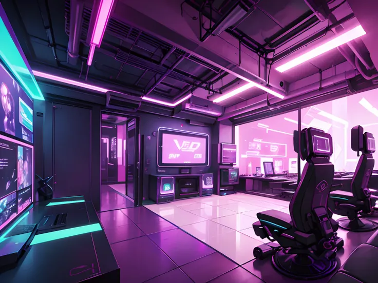 "Vibrant cyberpunk playroom with immersive purple-pink neon lights, Creating a futuristic atmosphere for intense, action-packed gameplay scenes."