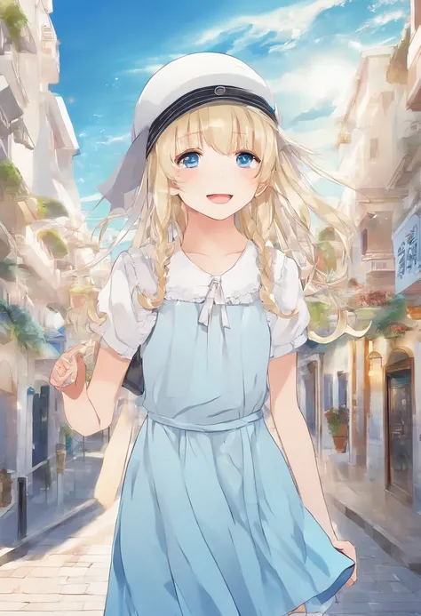 Cute little girl standing on the street in Mediterranean port city,Wind,pale blond hair, Blue eyes,very long twintails,White Dress,White hat,Blue sky,Laugh,double tooth,Closed eyes,Looking at Viewer,Lens Flare,Dramatic, Coastal