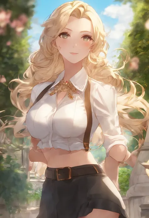 最高品質, 1girls, (Hollow Skins), (huge breast), (Giorno), shining, Background blur, outdoor, (road:0.6), (hair:1.5), (shirt:1.5), ornate, (Hair float:1.5), Soft light, breeze, Garden, road