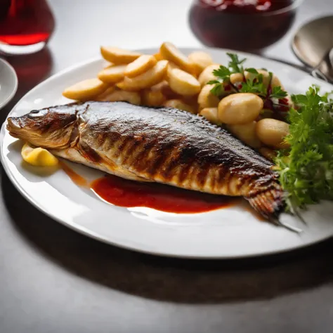 HD roasted catfish on a white plate with ketchup, low key lighting, dramatic lighting