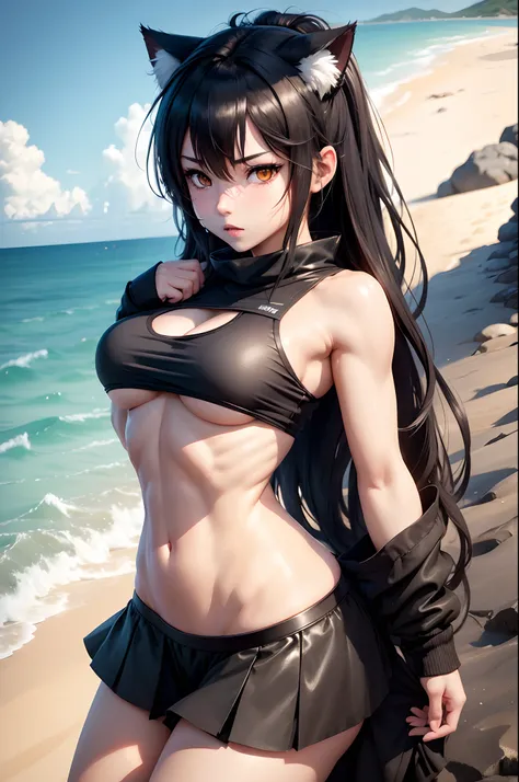 Anime girl with cat ears and a black top with a white cats tail, Abs, 2 b, 2b, Sweat press, from girls frontline, badass anime 8 k, kantai collection style, Photos of A-1, fluffy chest, at a beach, at a beach, attractive anime girl, an anime girl, seductiv...